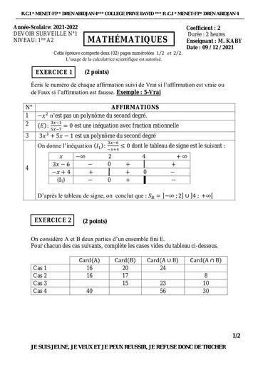 Devoir surveillé N°1 Maths 1ère A by Tehua