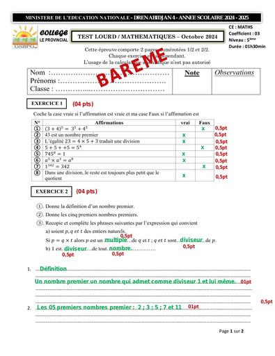 BAREME TEST LOURD MATHS 5ième OCTOBRE 2024 by Tehua