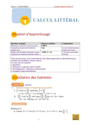 Corrigé Manuel de la reussite Lecon 1 Calcul litteral 3ème Vallesse Edition maths by TEHUA