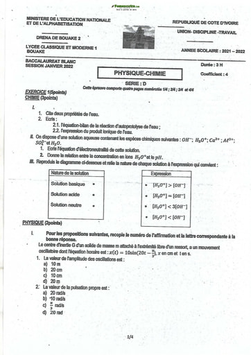 Examen blanc Février 2022 Lycée Classique Bouaké Physique Chimie série D