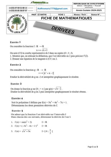 FICHE DE TRAVAUX DIRIGES MATHS DERIVEES De Fonctions Tle D Novembre 2024 by Tehua