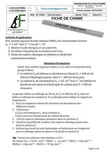 FICHE DE TRAVAUX DIRIGES CHIMIE Tle D ACIDE FORT – BASE FORTE 2025 by TEHUA