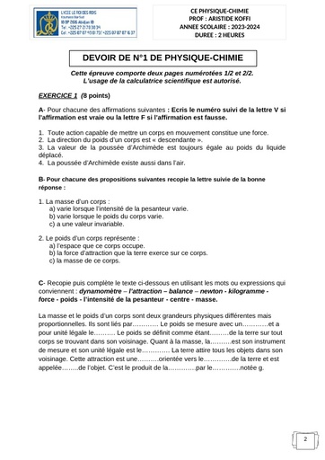 Devoir de n°1 PC 3ieme 2024 by Tehua