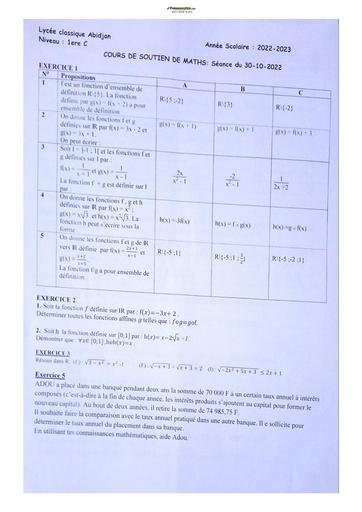 Sujets de mathématiques Première C Lycée Classique Abidjan 2022-2023
