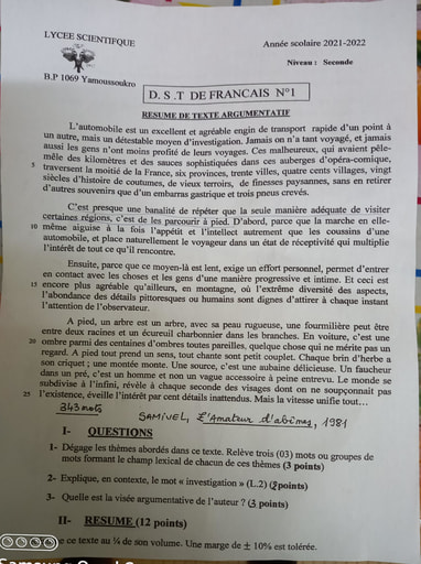 Devoir de Français niveau 2nde - - Lycée Scientifique de Yamoussoukro