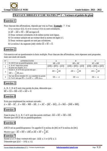 TRAVAUX DIRIGES N°2 DE MATHS 2nde C Vecteurs et points du plan by Tehua