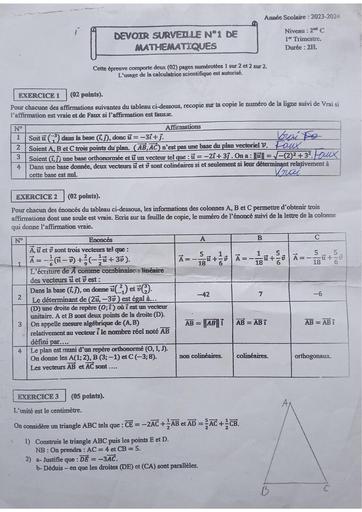 Devoir N°1 de Maths 2nde C Octobre 2024 by Tehua