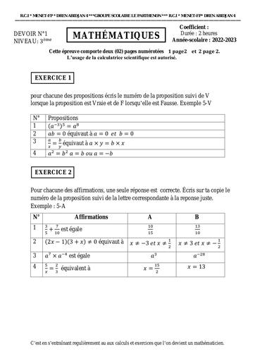 Devoir N°1 Maths 3ième pathenon trimestre 1 2024 by Tehua