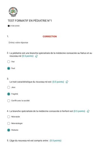 INFAS TEST FORMATIF EN PÉDIATRIE N°1 BY TEHUA