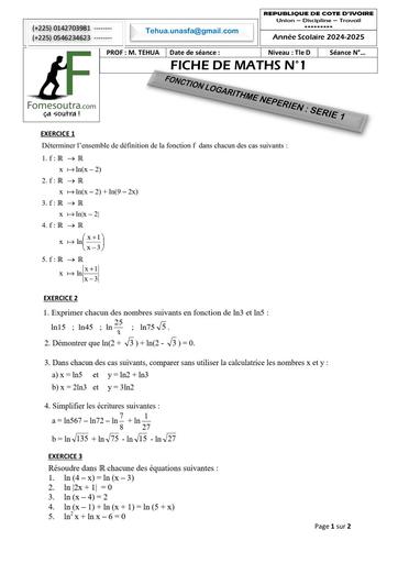 FICHE DE TRAVAUX DIRIGES MATHS Tle D FONCTION LN SERIE 1 Décembre 2024 by TEHUA