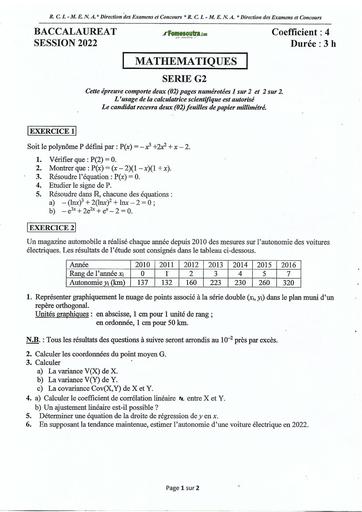 SUJET MATHS SERIE G2 BAC SESSION 2022 RCI by TEHUA