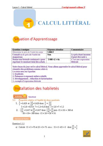 Maths Corrigé Manuel de la Reussite Maths 3ème Vallesse Editions by Tehua