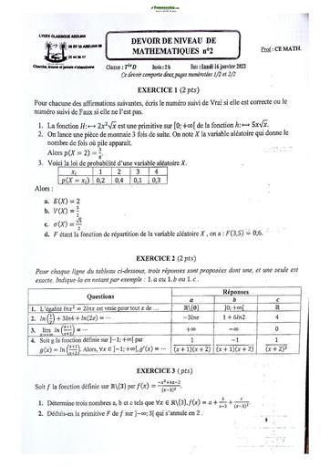 Sujets de Maths série D Lycée Classique d'Abidjan 2023