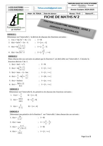 FICHE DE TRAVAUX DIRIGES MATHS Tle D FONCTION LN (dérivée et primitive) SERIE 2 décembre 2024 BY TEHUA