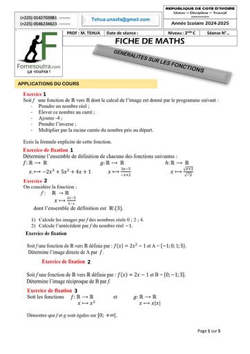 FICHE DE TRAVAUX DIRIGES MATHS 2nde c GÉNÉRALITES SUR LES FONCTIONS Novembre 2024 by TEHUA