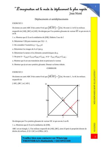 Exo corrigés Tle C fiche sur ISOMETRIE 2024 by Tehua