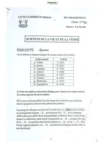 Sujets de SVT Première C Lycée Classique Abidjan 2022-2023