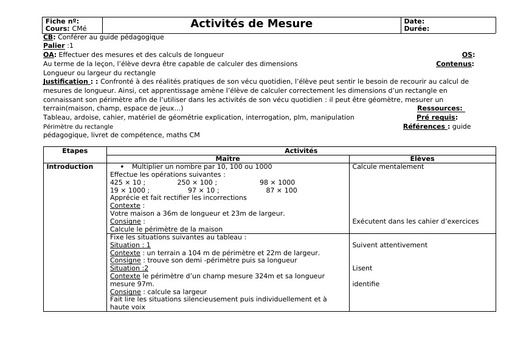 Fiche de Cours CM Le rectangle calcul de dimension by Tehua