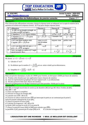 Composition de 1ier Trimestre Maths 3ieme 2020 by Tehua