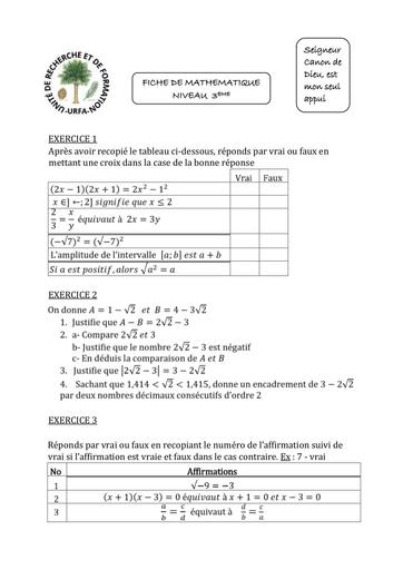 Fiche de travaux dirigés Maths 3ieme (racines carrées) 2024 2025 by Tehua