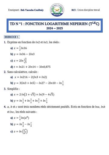 Travaux Dirigé N°1 maths (fonction ln) de Tle C (2024 2025) by Tehua