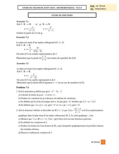 Travaux MATHS Tle D ETUDE DE FONCTIONS by TEHUA