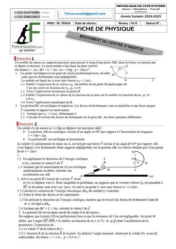 FICHE DE TRAVAUX DIRIGES Physique Tle D MOUVEMENT DU CENTRE D’INERTIE Janvier 2025 by TEHUA