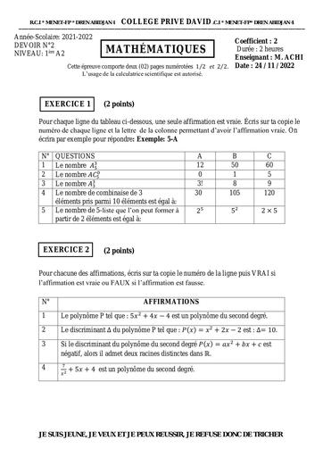 Devoir de niveau 1 Maths 1ere A saint moïse Trimestre 1 2024 by Tehua