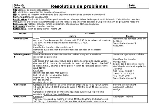 Fiche de cours CM maths Resolution de problèmes des données manquantes by Tehua