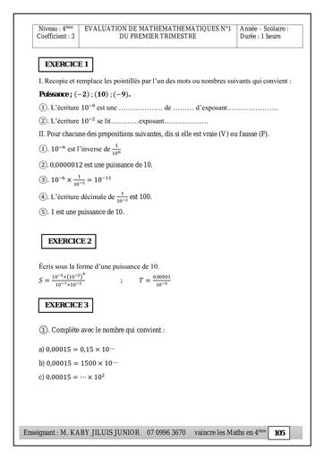 Devoir N°1&2 maths 4ème Trimestre 1 2024 by Tehua