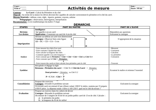 Fiche de cours CM le périmètredu carré by Tehua