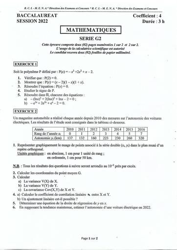 BAC maths G2 2022 + Bareme