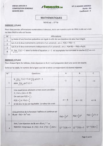 Composition generale decembre 2024 Maths Tle D up13 adama sanogo by Tehua