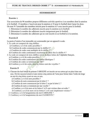 FICHE TRAVAUX DIRIGES MATHS TLE D DENOMBREMENT ET PROBABILITES by Tehua