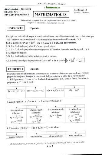 SUJET DU DEVOIR N°1 MATHS NIVEAU 1ière B C PLATEAUX BY TEHUA