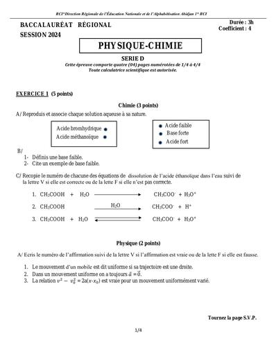 Sujet Examen Bac blanc 2024 PC serie D Dren Abidjan 1 by Tehua