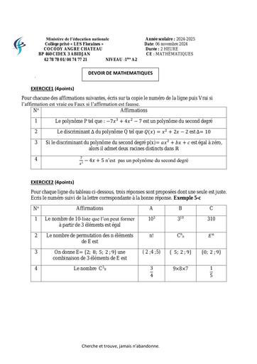 DEVOIR DE Niveau Maths 1ière D Janvier 2024 by TEHUA