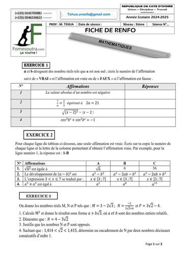 FICHE DE RENFO MATHS 3ième 11 JANVIER 2025 By TEHUA