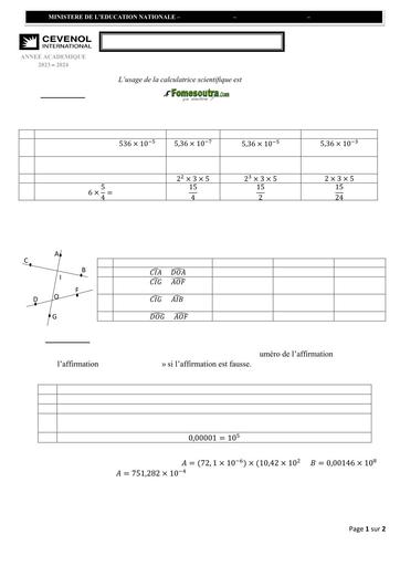 SUJET DU DEVOIR N°2 MATHS NIVEAU 4ieme CEVENOL 2024 BY TEHUA