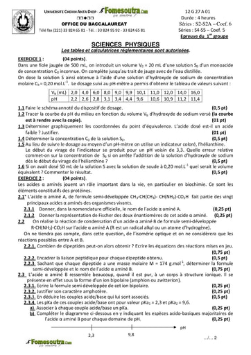 Sujet de Physique-chimie des BAC S2 S2A S4 et S5 2012 - Sénégal