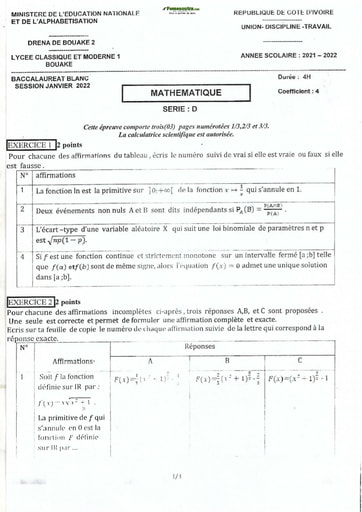 Examen Blanc février 2022 Mathématiques Lycée Classique Bouaké