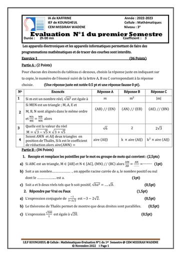 Evaluation N°1 Maths 3ieme premier trimestre by Tehua