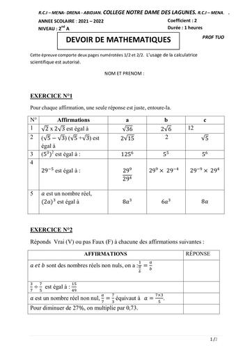 Devoir N°1 de Maths 2nde A Trimestre 1 2024 by Tehua