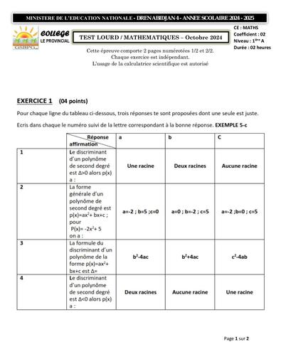 TEST LOURD MATHS 1ière A OCTOBRE 2024 by Tehua