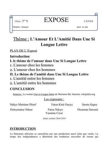 Exposé Amitie et Amour Dans une si longue lettre by Tehua