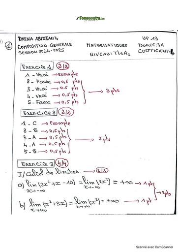 Composition generale Decembre 2024 UP 13 ADAMA SANOGO BAREME MATHS Tle A1 by Tehua