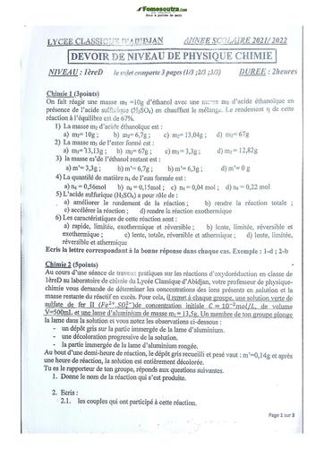 Sujet de Chimie Niveau Première D Lycée Classique Abidjan  2023