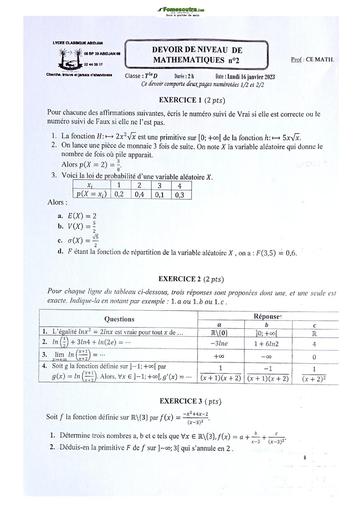 Sujets de Maths série D Lycée Classique d'Abidjan 2023