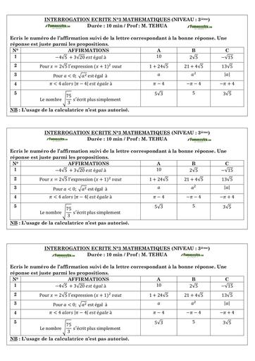 INTERROGATION ECRITE N°3 MATHS NIVEAU 3ième by TEHUA