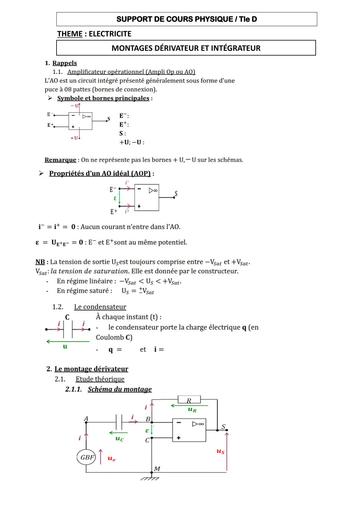 SUPPORT DE COURS PC Tle D MONTAGES DÉRIVATEUR ET INTÉGRATEUR BY TEHUA